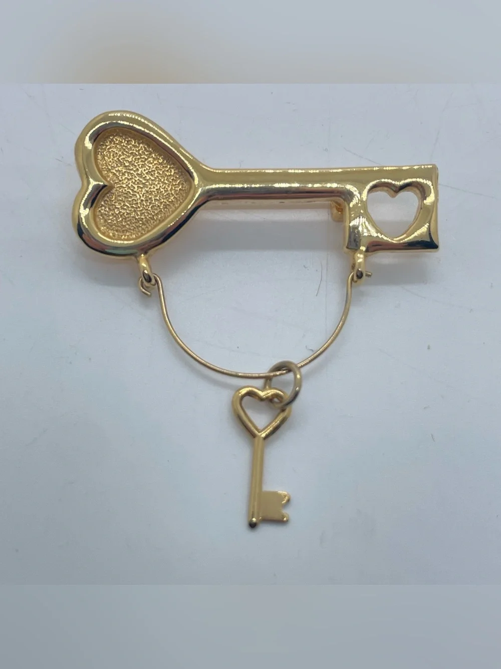 Gold Tone Heart Key Charm Brooch